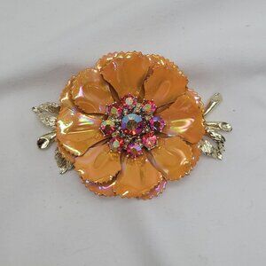 Vtg Orange Enamel Flower Brooch AB Rhinestone Center Gold-Tone Leaf Accents 3"